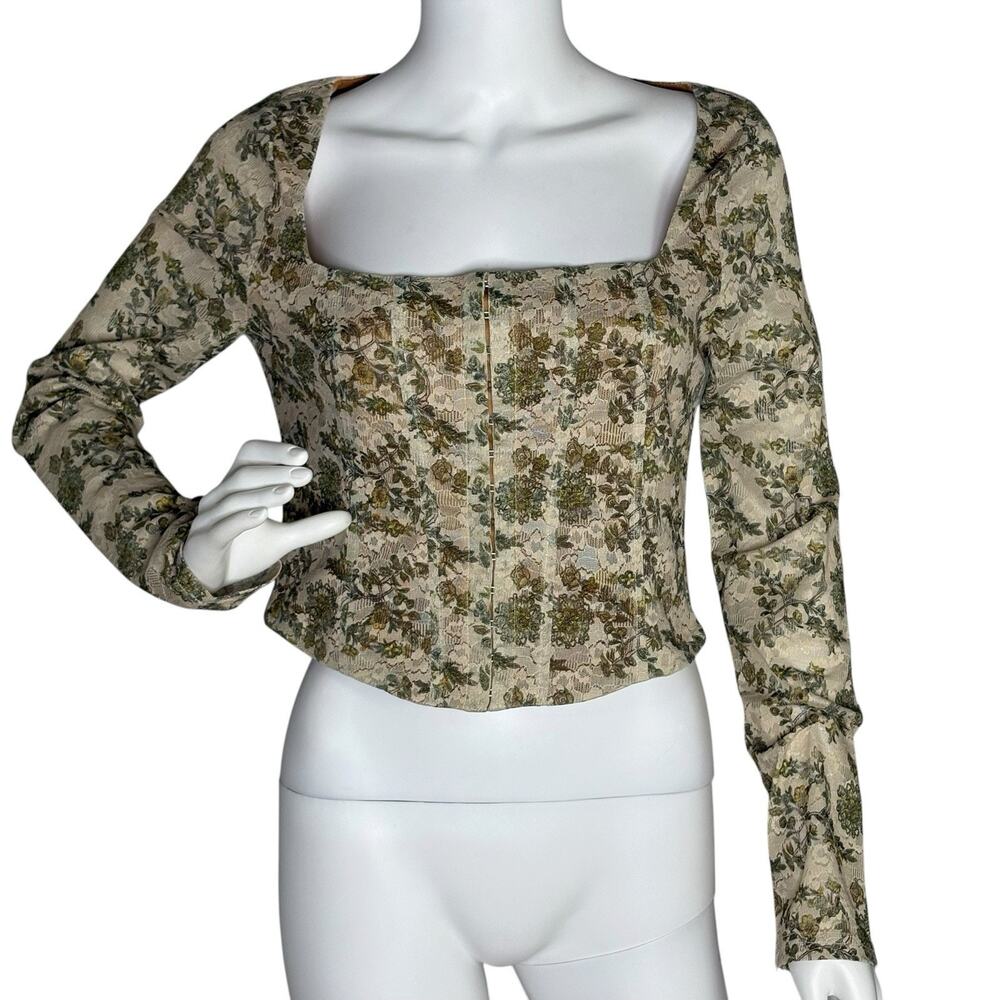 Bailey Rose Long Sleeve Top Corset Bustier Style Mesh Floral Hook & Eye Size L